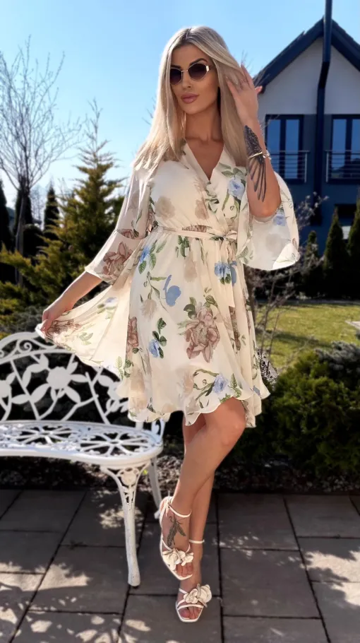 Wiosenna sukienka w kwiaty z kopertowym dekoltem i wiązaniem ONE SIZE - R948