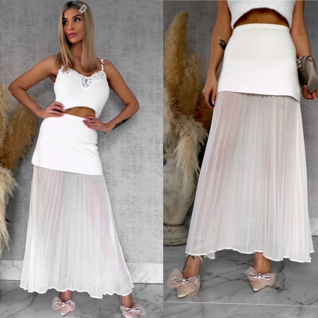 Podwójna elegancka spódnica dzianina + plisowany tiul ECRU - R762