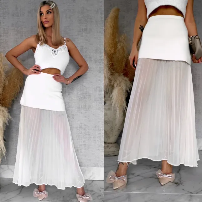 Podwójna elegancka spódnica dzianina + plisowany tiul ECRU - R762