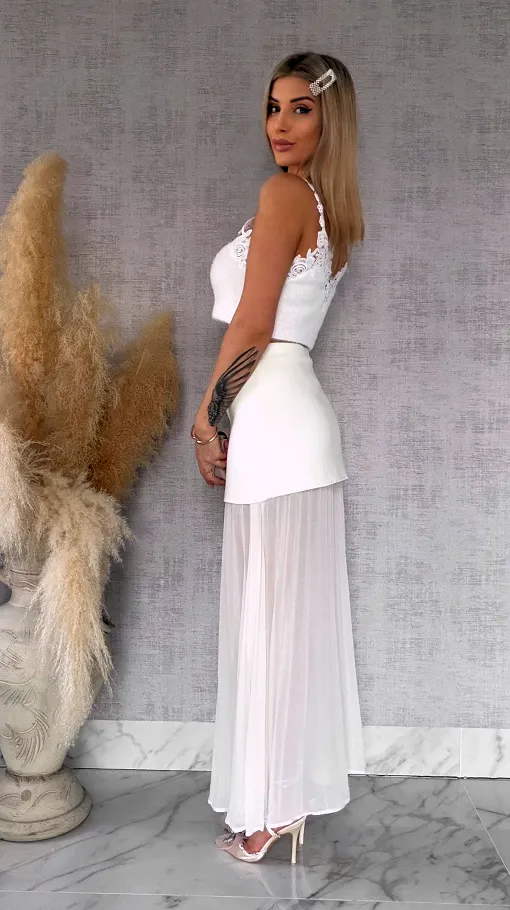 Podwójna elegancka spódnica dzianina + plisowany tiul ECRU - R762