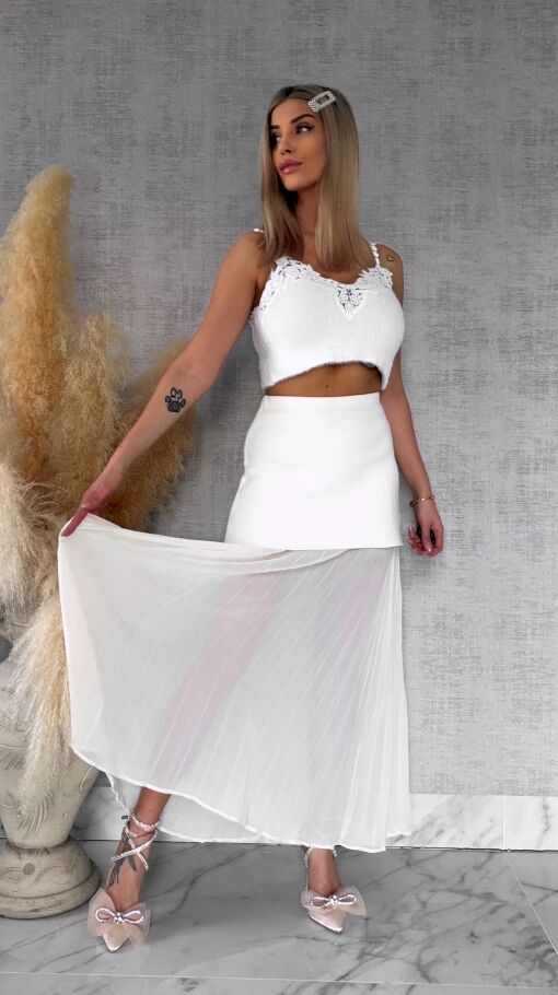 Podwójna elegancka spódnica dzianina + plisowany tiul ECRU - R762