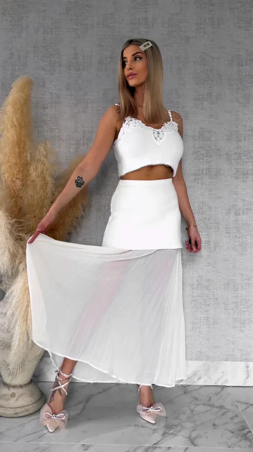 Podwójna elegancka spódnica dzianina + plisowany tiul ECRU - R762