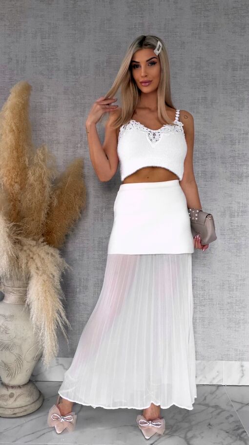 Podwójna elegancka spódnica dzianina + plisowany tiul ECRU - R762