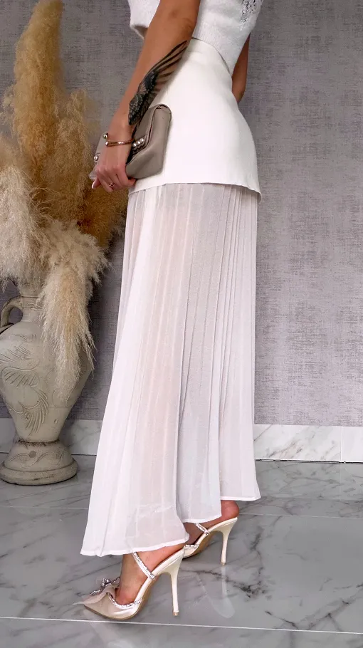 Podwójna elegancka spódnica dzianina + plisowany tiul ECRU - R762