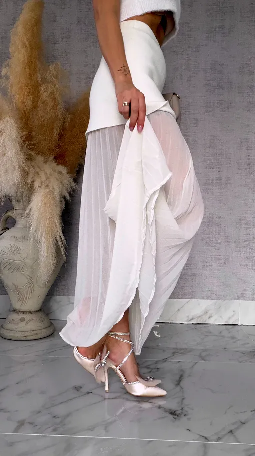 Podwójna elegancka spódnica dzianina + plisowany tiul ECRU - R762