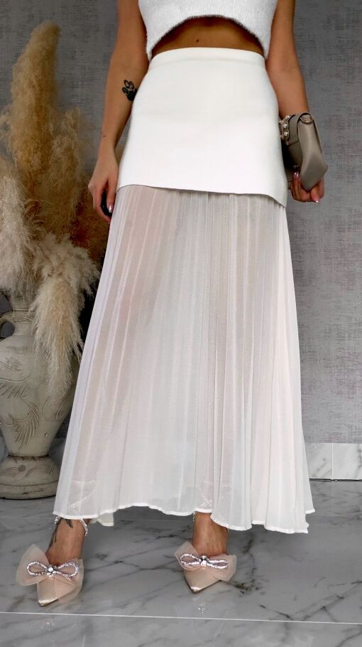 Podwójna elegancka spódnica dzianina + plisowany tiul ECRU - R762