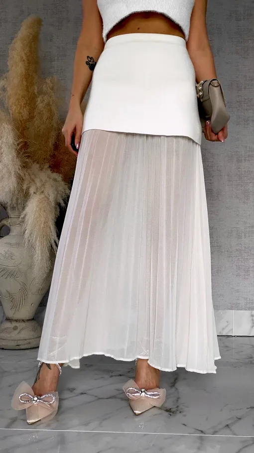 Podwójna elegancka spódnica dzianina + plisowany tiul ECRU - R762