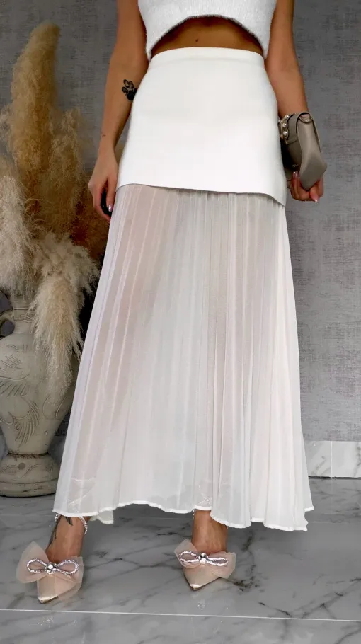 Podwójna elegancka spódnica dzianina + plisowany tiul ECRU - R762