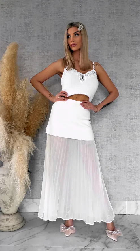 Podwójna elegancka spódnica dzianina + plisowany tiul ECRU - R762