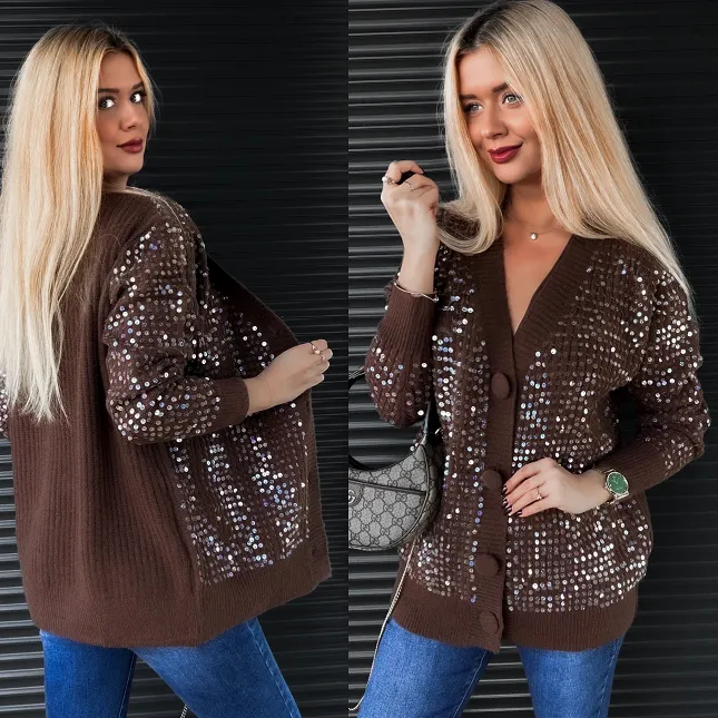 Brązowy rozpinany sweter zdobiony cekinami ONE SIZE - R317