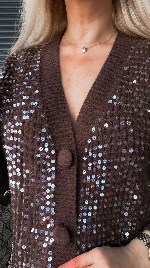 Brązowy rozpinany sweter zdobiony cekinami ONE SIZE - R317