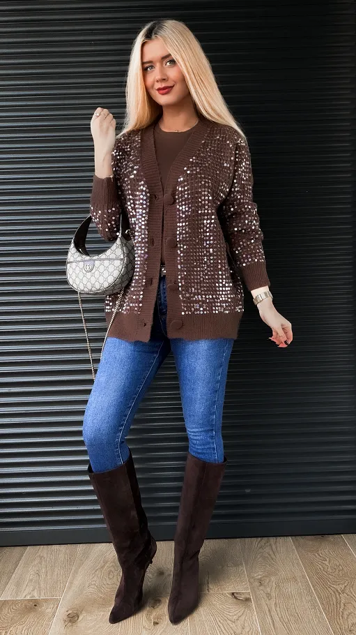 Brązowy rozpinany sweter zdobiony cekinami ONE SIZE - R317