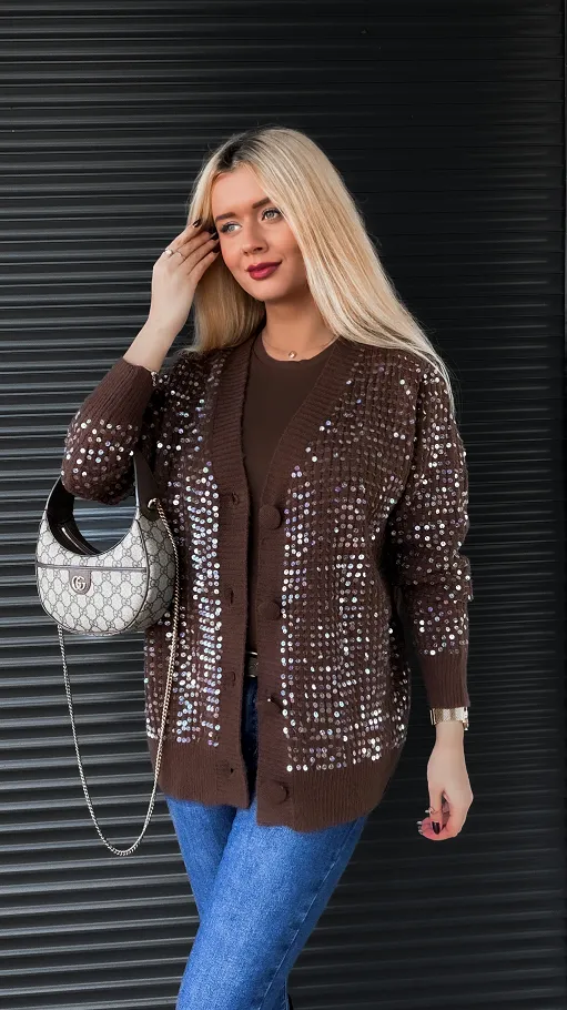 Brązowy rozpinany sweter zdobiony cekinami ONE SIZE - R317