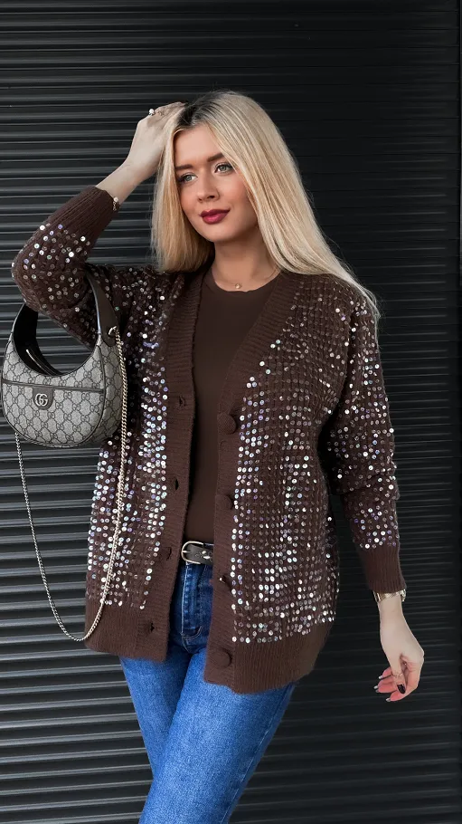 Brązowy rozpinany sweter zdobiony cekinami ONE SIZE - R317