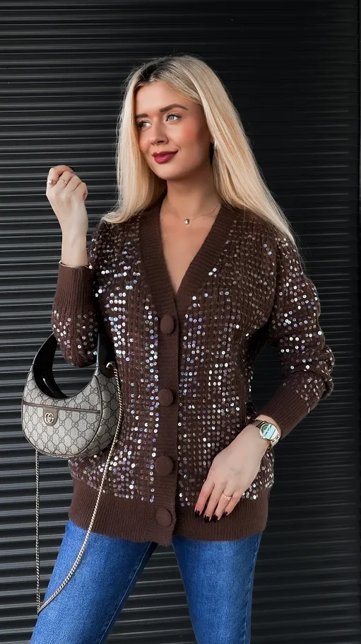 Brązowy rozpinany sweter zdobiony cekinami ONE SIZE - R317