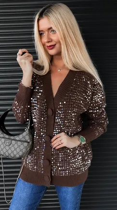 Brązowy rozpinany sweter zdobiony cekinami ONE SIZE - R317