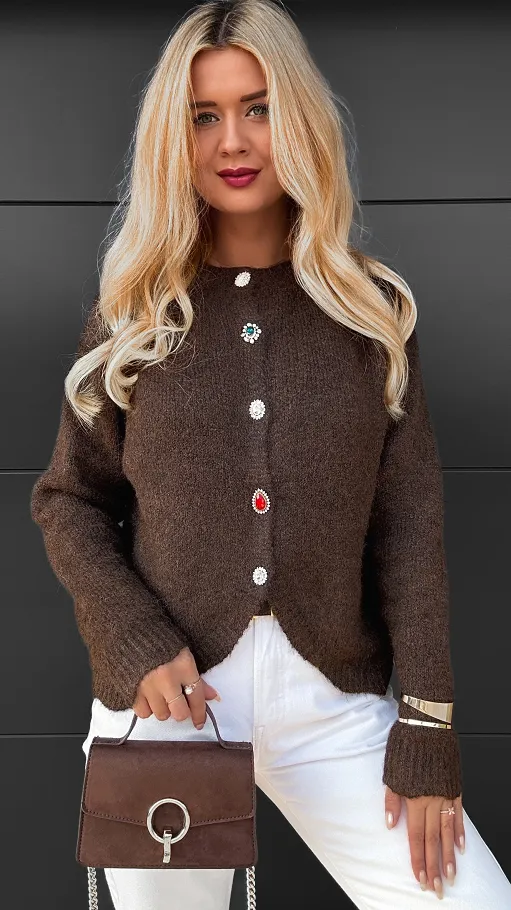 Brązowy sweter zapinany na piękne ozdobne guziki ONE SIZE - R095