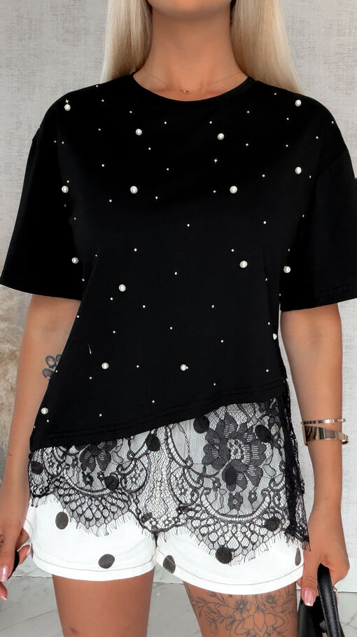 Czarna asymetryczna bluzka z koronką i cyrkoniami ONE SIZE - S087