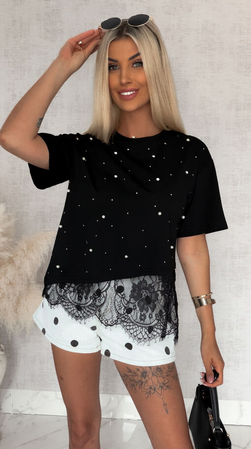 Czarna asymetryczna bluzka z koronką i cyrkoniami ONE SIZE - S087