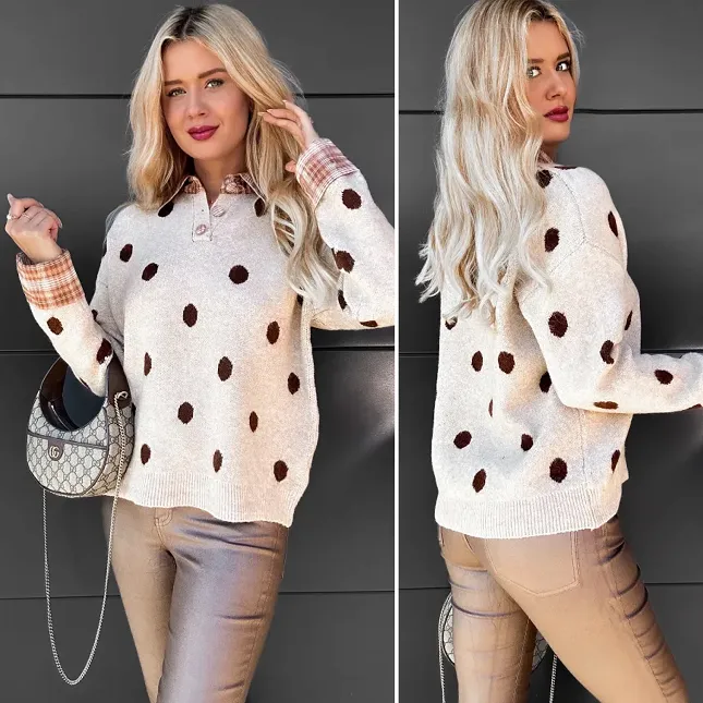 Stylowy beżowy sweter w grochy ONE SIZE - R094A