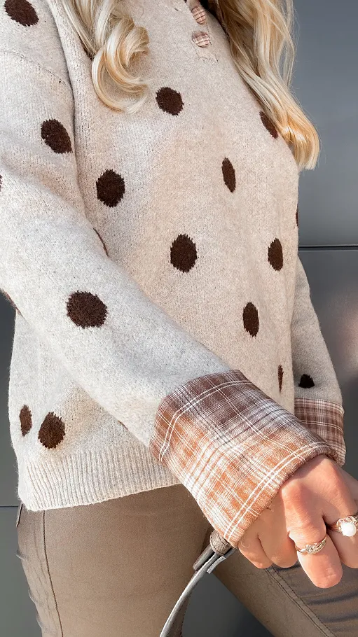 Stylowy beżowy sweter w grochy ONE SIZE - R094A