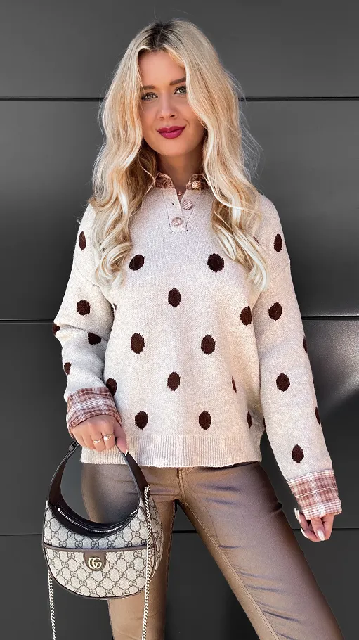 Stylowy beżowy sweter w grochy ONE SIZE - R094A