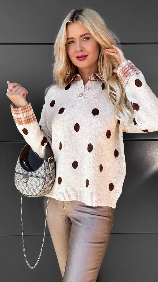 Stylowy beżowy sweter w grochy ONE SIZE - R094A