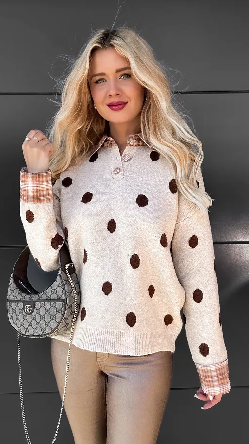 Stylowy beżowy sweter w grochy ONE SIZE - R094A