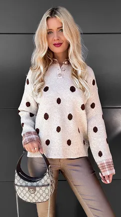 Stylowy beżowy sweter w grochy ONE SIZE - R094A