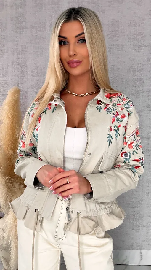 Ekskluzywna wiosenna kurtka BOHO z haftowanymi kwiatami ONE SIZE - R714