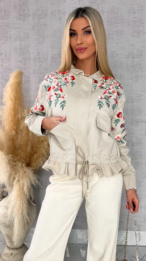 Ekskluzywna wiosenna kurtka BOHO z haftowanymi kwiatami ONE SIZE - R714