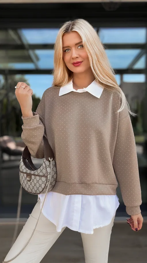 Beżowa bluza w mini cyrkonie z koszulową wstawką ONE SIZE - R105A