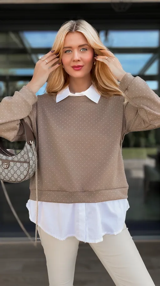 Beżowa bluza w mini cyrkonie z koszulową wstawką ONE SIZE - R105A
