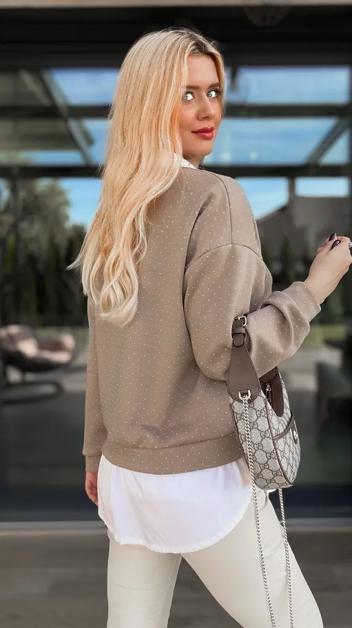 Beżowa bluza w mini cyrkonie z koszulową wstawką ONE SIZE - R105A