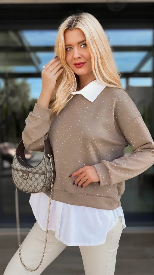 Beżowa bluza w mini cyrkonie z koszulową wstawką ONE SIZE - R105A