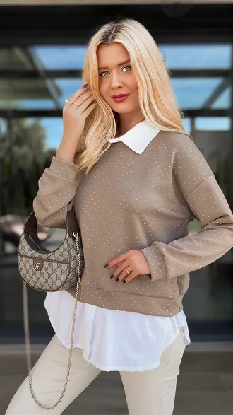 Beżowa bluza w mini cyrkonie z koszulową wstawką ONE SIZE - R105A