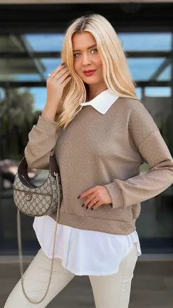 Beżowa bluza w mini cyrkonie z koszulową wstawką ONE SIZE - R105A