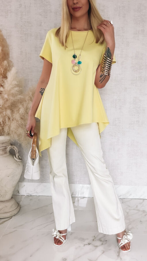 Asymetryczna bawełniana bluzka z naszyjnikiem ONE SIZE żółta - R825