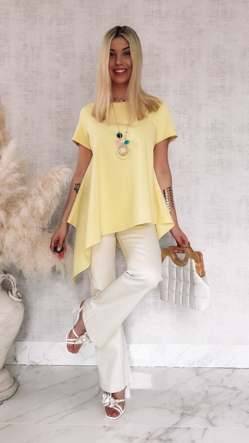 Asymetryczna bawełniana bluzka z naszyjnikiem ONE SIZE żółta - R825