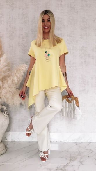 Asymetryczna bawełniana bluzka z naszyjnikiem ONE SIZE żółta - R825