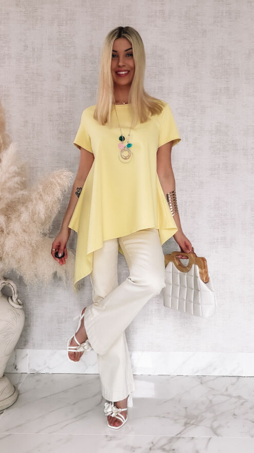 Asymetryczna bawełniana bluzka z naszyjnikiem ONE SIZE żółta - R825