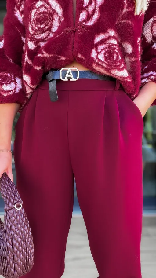 Wygodne dzianinowe spodnie z paskiem ONE SIZE bordo - R127C