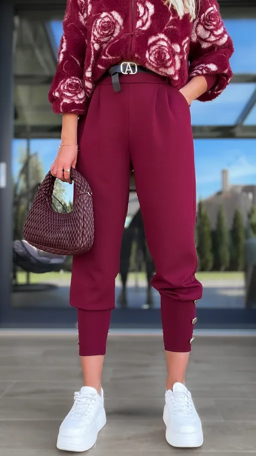 Wygodne dzianinowe spodnie z paskiem ONE SIZE bordo - R127C