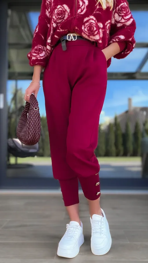Wygodne dzianinowe spodnie z paskiem ONE SIZE bordo - R127C