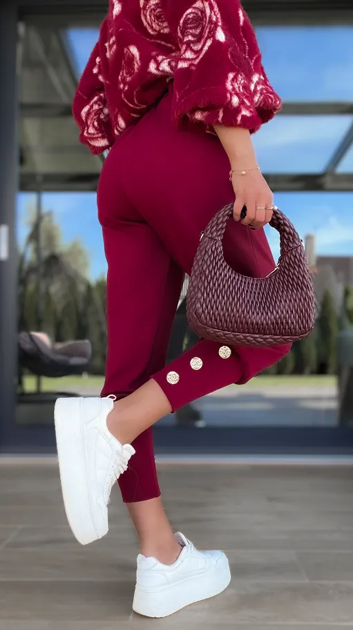 Wygodne dzianinowe spodnie z paskiem ONE SIZE bordo - R127C