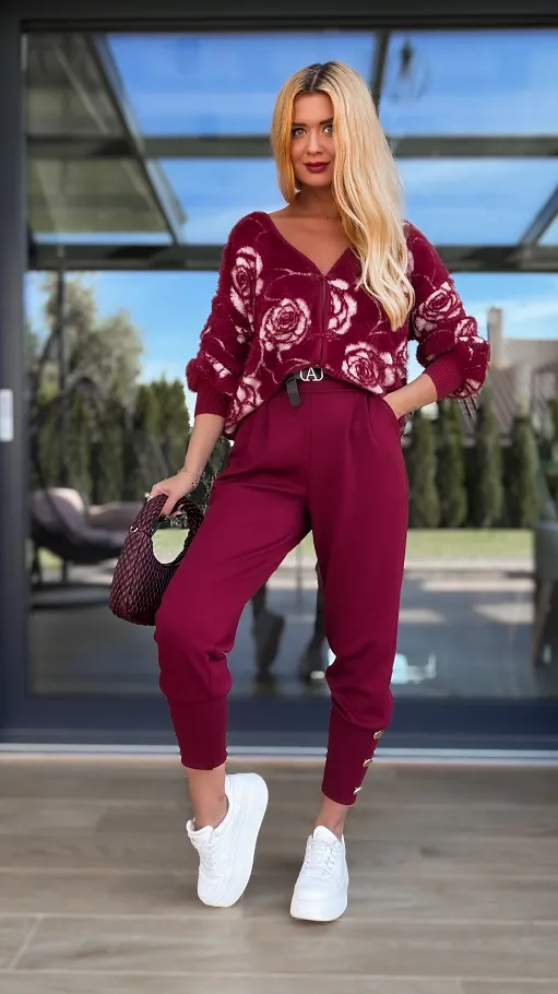 Wygodne dzianinowe spodnie z paskiem ONE SIZE bordo - R127C