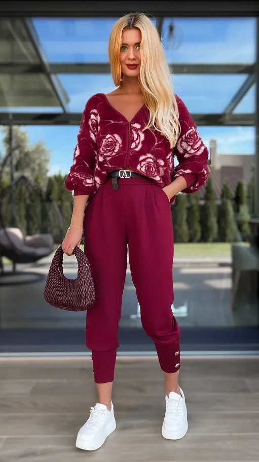 Wygodne dzianinowe spodnie z paskiem ONE SIZE bordo - R127C