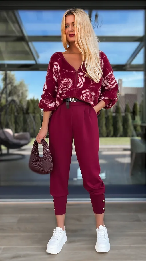 Wygodne dzianinowe spodnie z paskiem ONE SIZE bordo - R127C