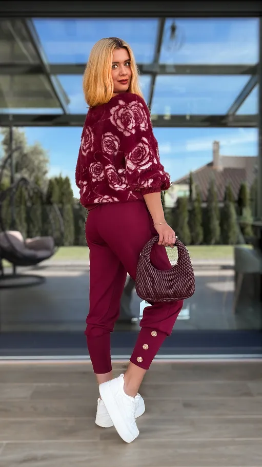 Wygodne dzianinowe spodnie z paskiem ONE SIZE bordo - R127C
