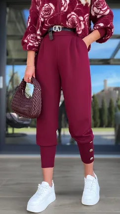 Wygodne dzianinowe spodnie z paskiem ONE SIZE bordo - R127C